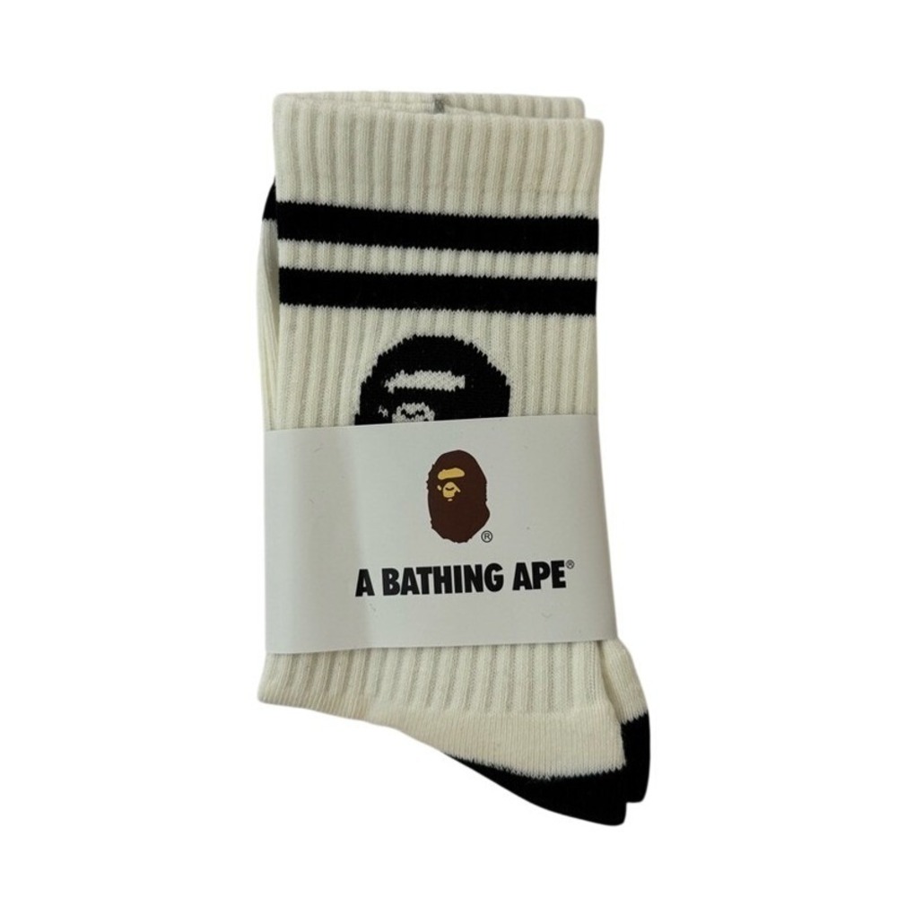 Bape Crew Socks Logo Striped Mens Womens‎ Unisex Size 9-11 White Black Ape Head